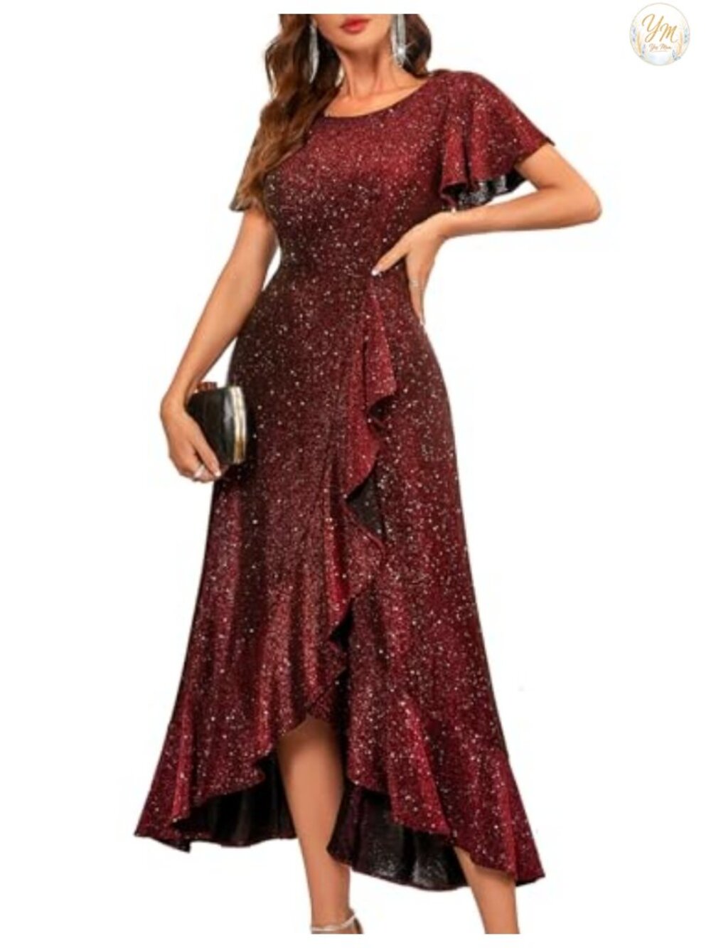 Sequin High Low Formal Wedding Guest Dress Flutter Sleeve